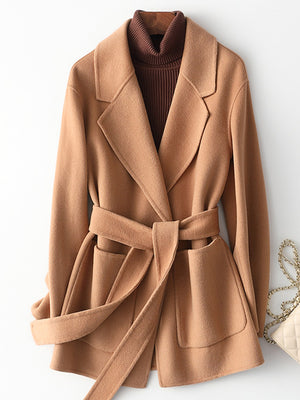 Burgundy wool coat with hip-length and button-front