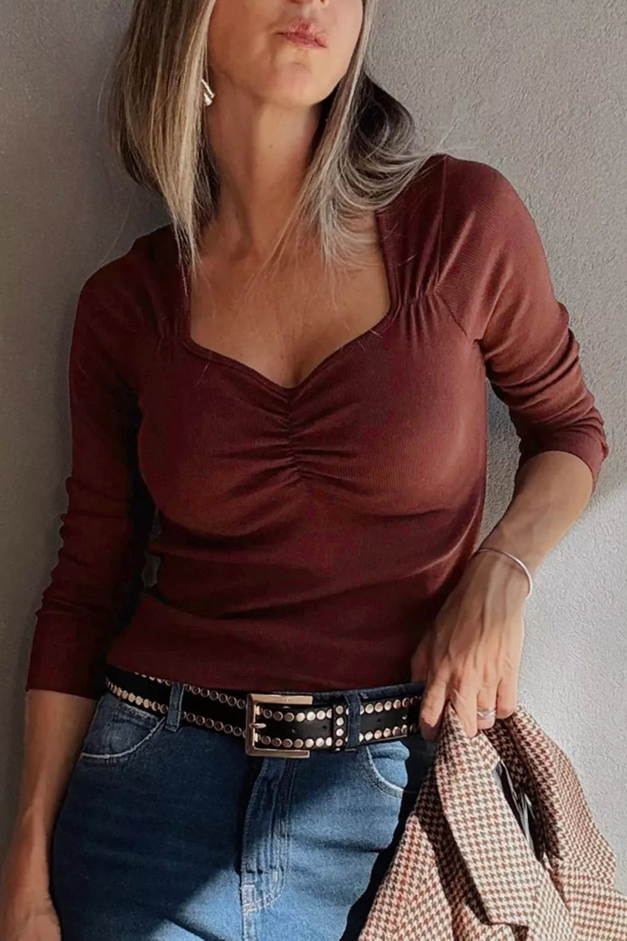 Gathered Bust Square Neck Ribbed Long Sleeve Top option 4