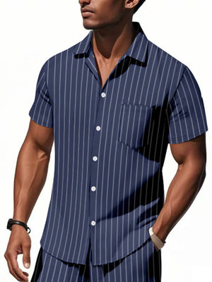 Navy blue cotton camp collar shirt with white pinstripes, button-down front and chest pocket.