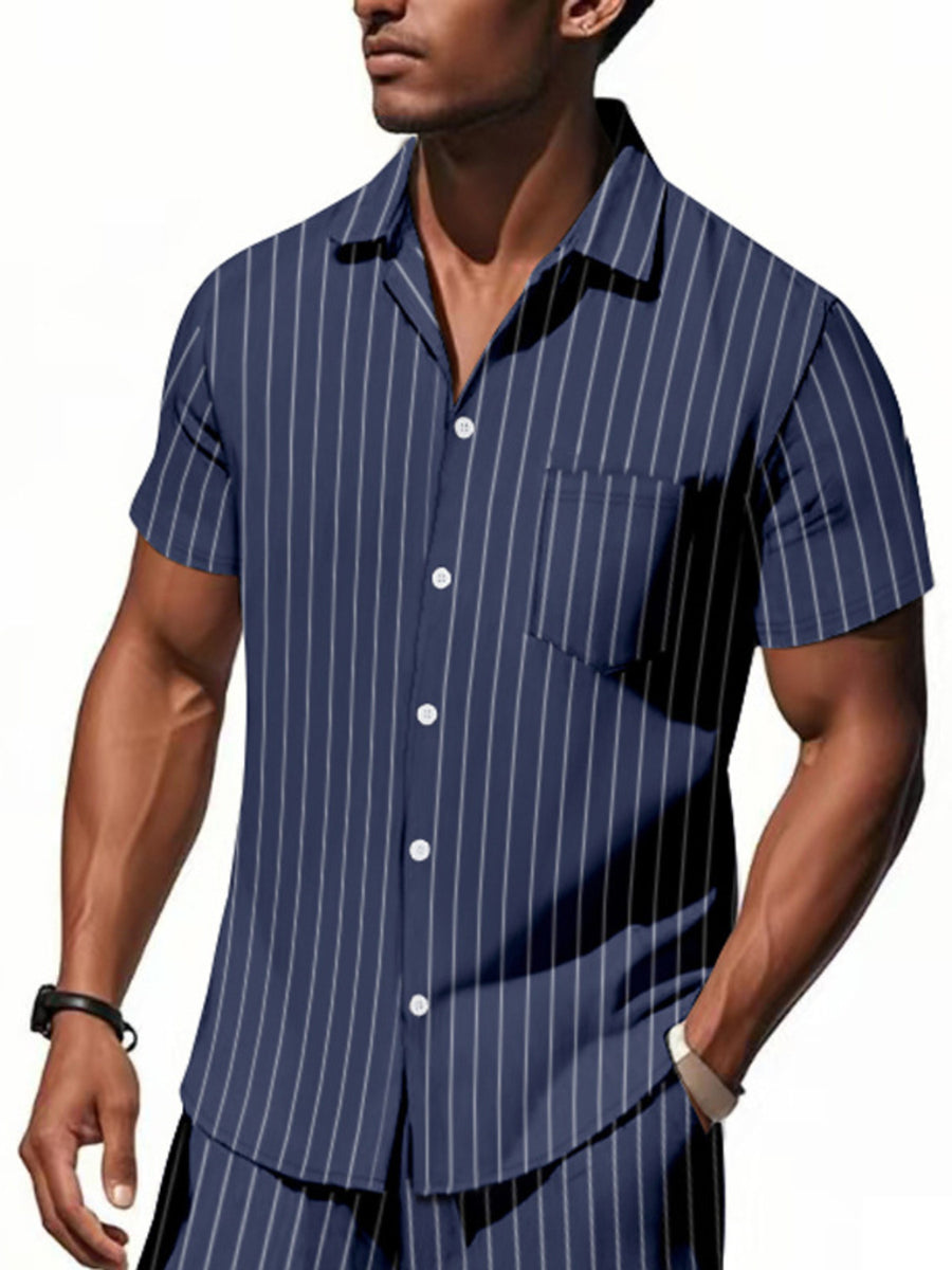 Navy blue cotton camp collar shirt with white pinstripes, button-down front and chest pocket.