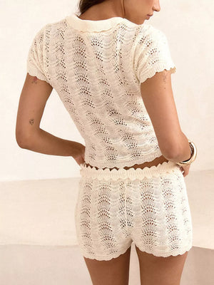 White with Openwork Crochet Knit Polo Top And Shorts Set