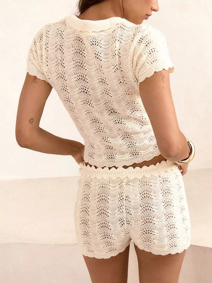 White with Openwork Crochet Knit Polo Top And Shorts Set