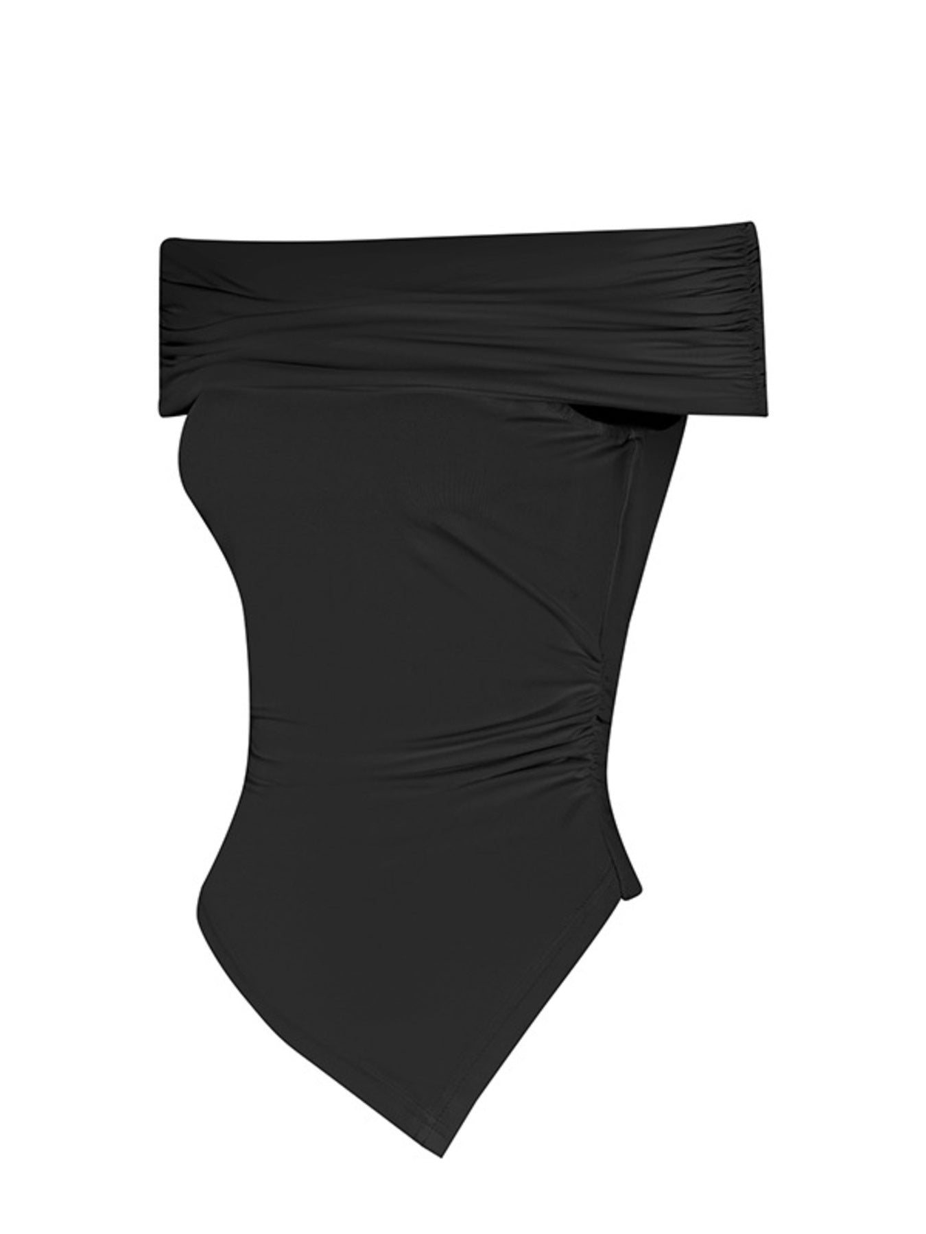 Black asymmetrical ruched off-shoulder top with a bandeau neckline and draped detail.