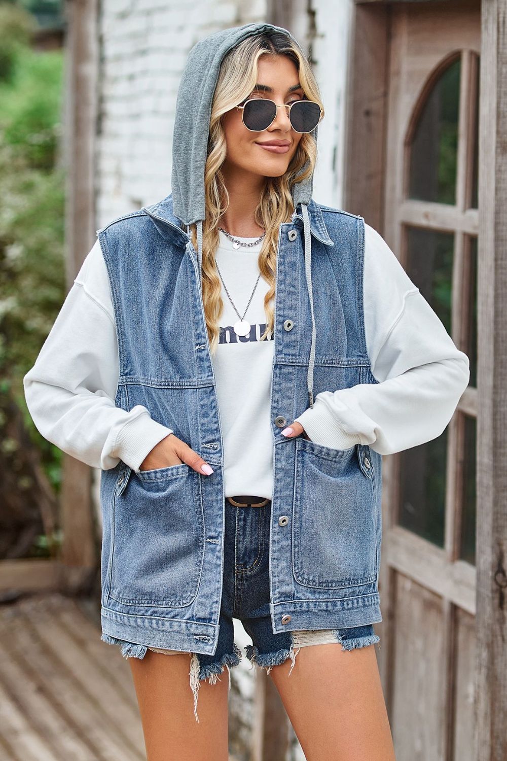 Denim hybrid vest with detachable hood in medium wash, buttoned front, and chest pockets.