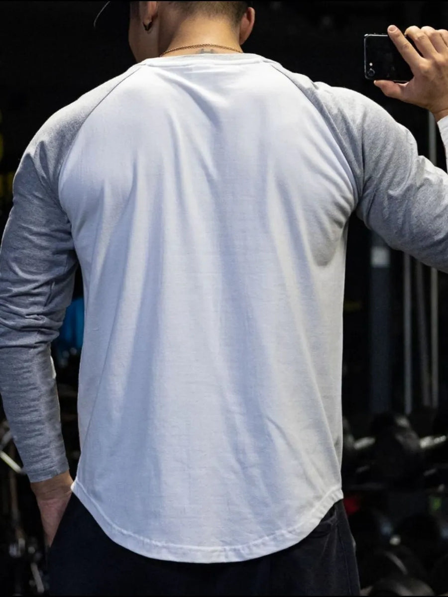 Raglan sleeve t-shirt in gray and white, crew neck, casual basic style.