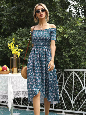 Floral off-shoulder midi dress in deep teal with a ruffled hem and side slit
