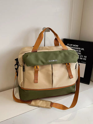 Chic nylon travel bag with olive flap and tan accents, featuring multiple pockets and adjustable straps.