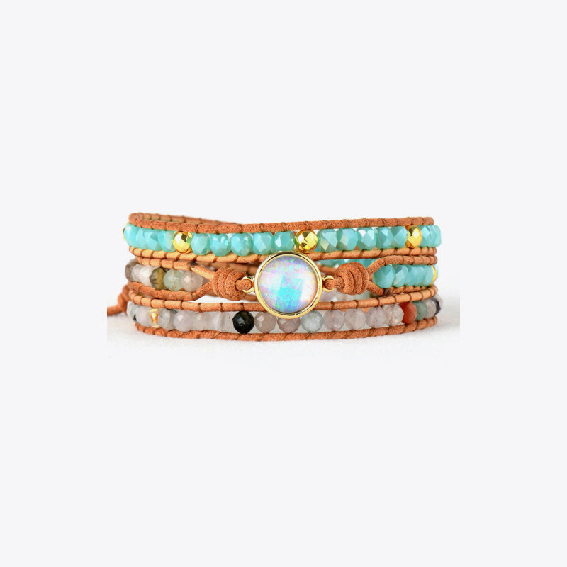 Bohemian wrap bracelet with multicolor beads and opal center on leather cord