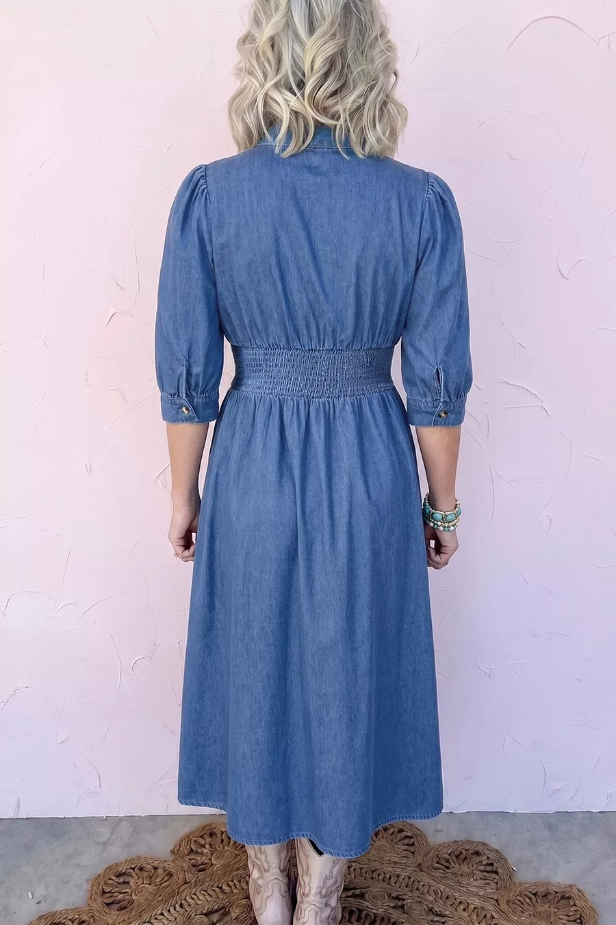 V Neck Shirred Waist Denim Midi Dress in this colorway