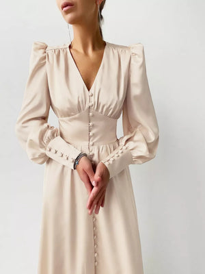 Burgundy Elegant V-neck Puff Sleeve Button-down Midi Dress