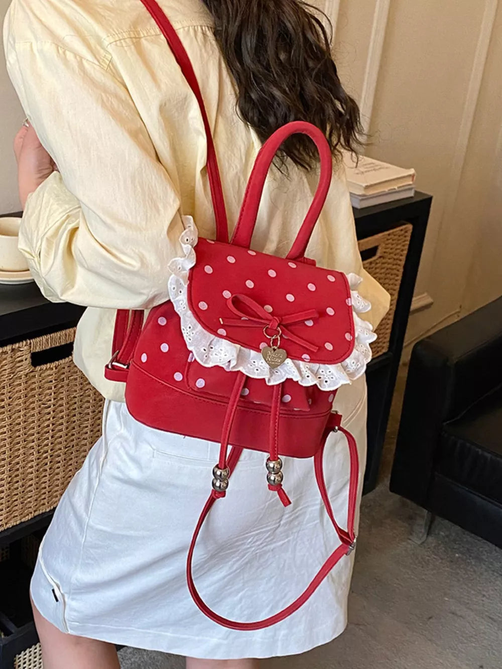 Polka Dot Lace Trim Mini Backpack in red with lace trim