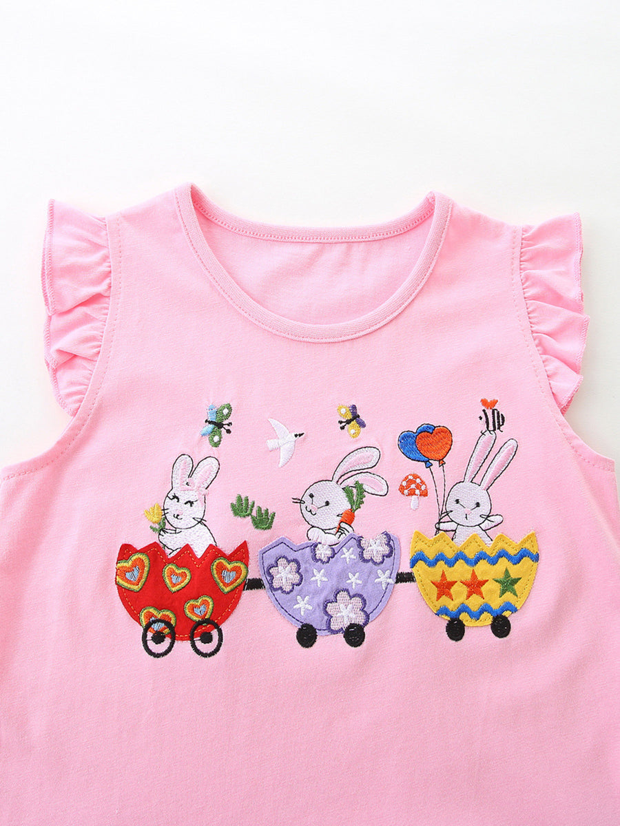 Pink cotton top with ruffled sleeves and bunny train embroidery for girls
