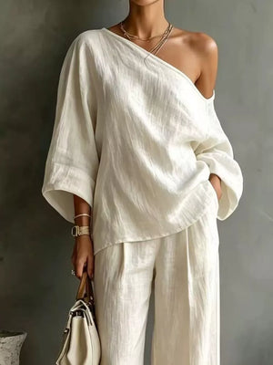 resort two-piece set in Khaki with one-shoulder