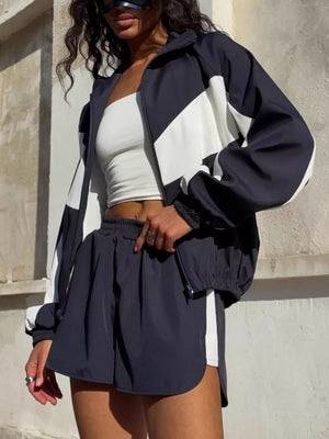 Color Block Zip Up Outerwear And Shorts Set in Black