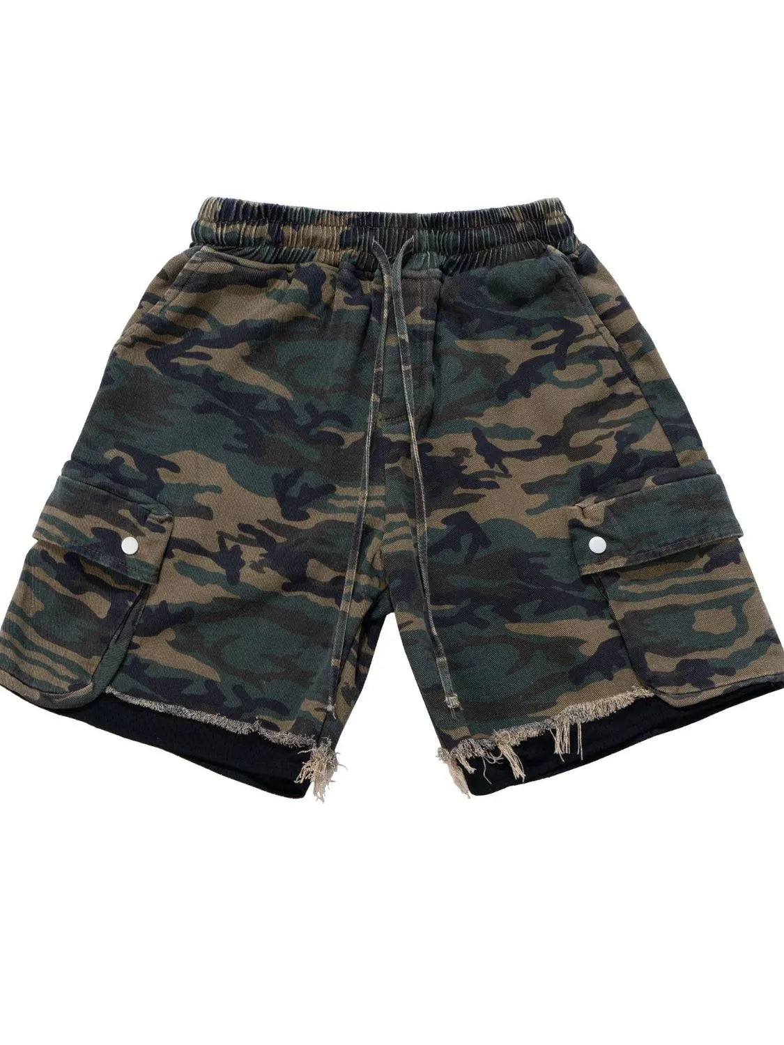 Camo cargo shorts with raw hem and drawstring waist.