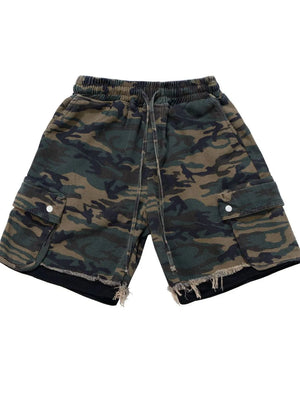 Camo cargo shorts with raw hem and drawstring waist.