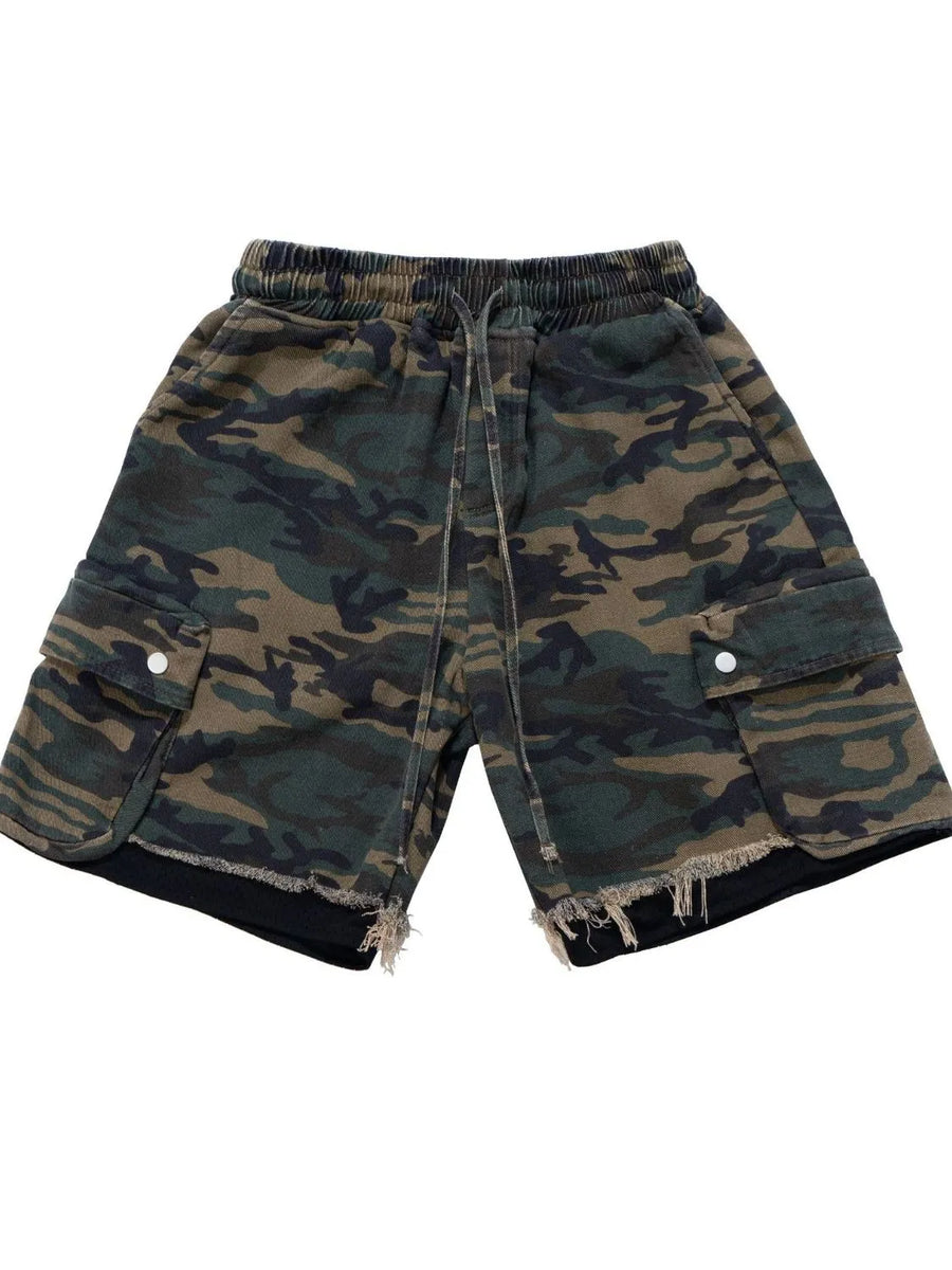 Camo cargo shorts with raw hem and drawstring waist.
