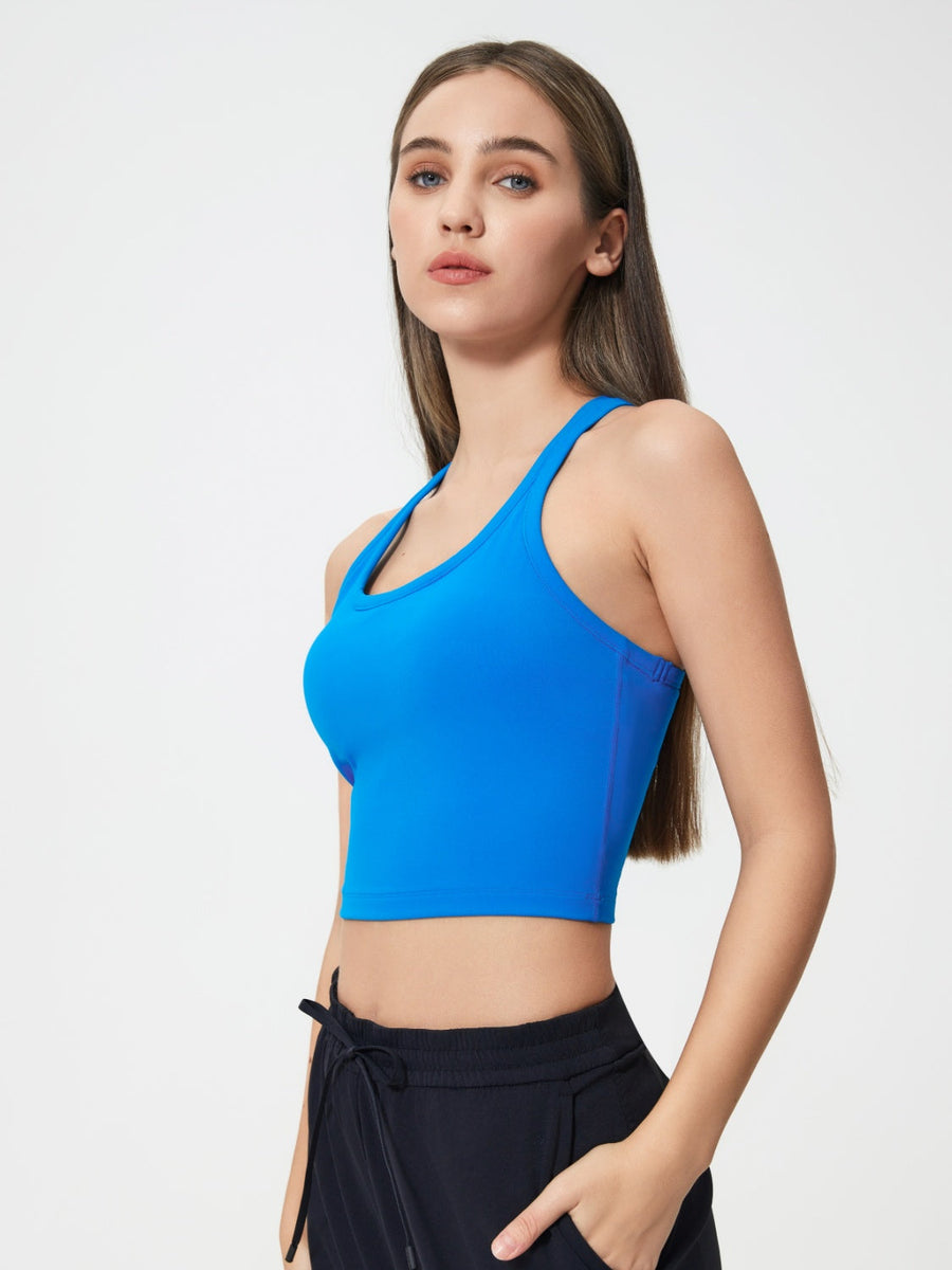 Sculpted racerback crop tank in Royal Blue with a scoop neckline.