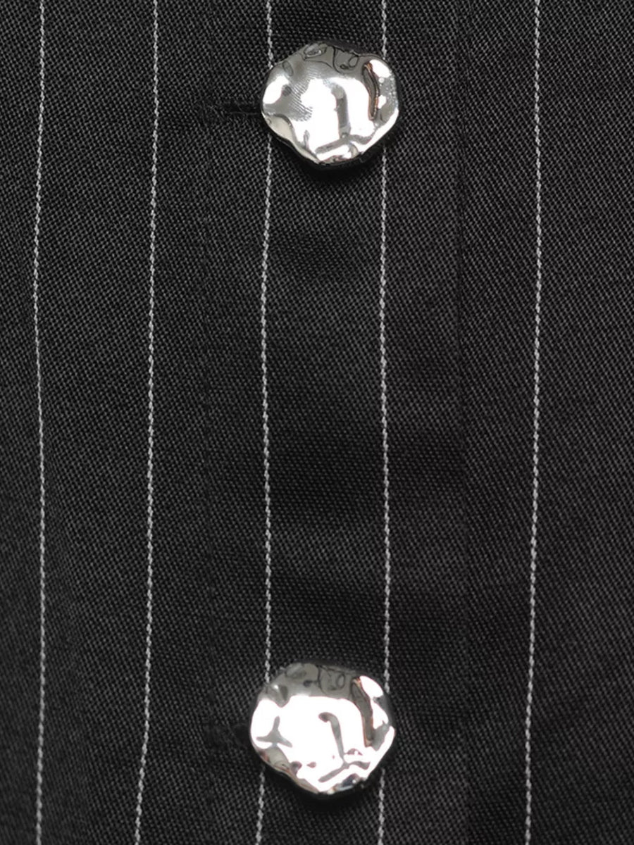 Striped Long Sleeve Peplum Blouse in Black with decorative button