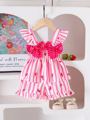 Pink with Children's Bow Ruffled Striped Top And Shorts Set
