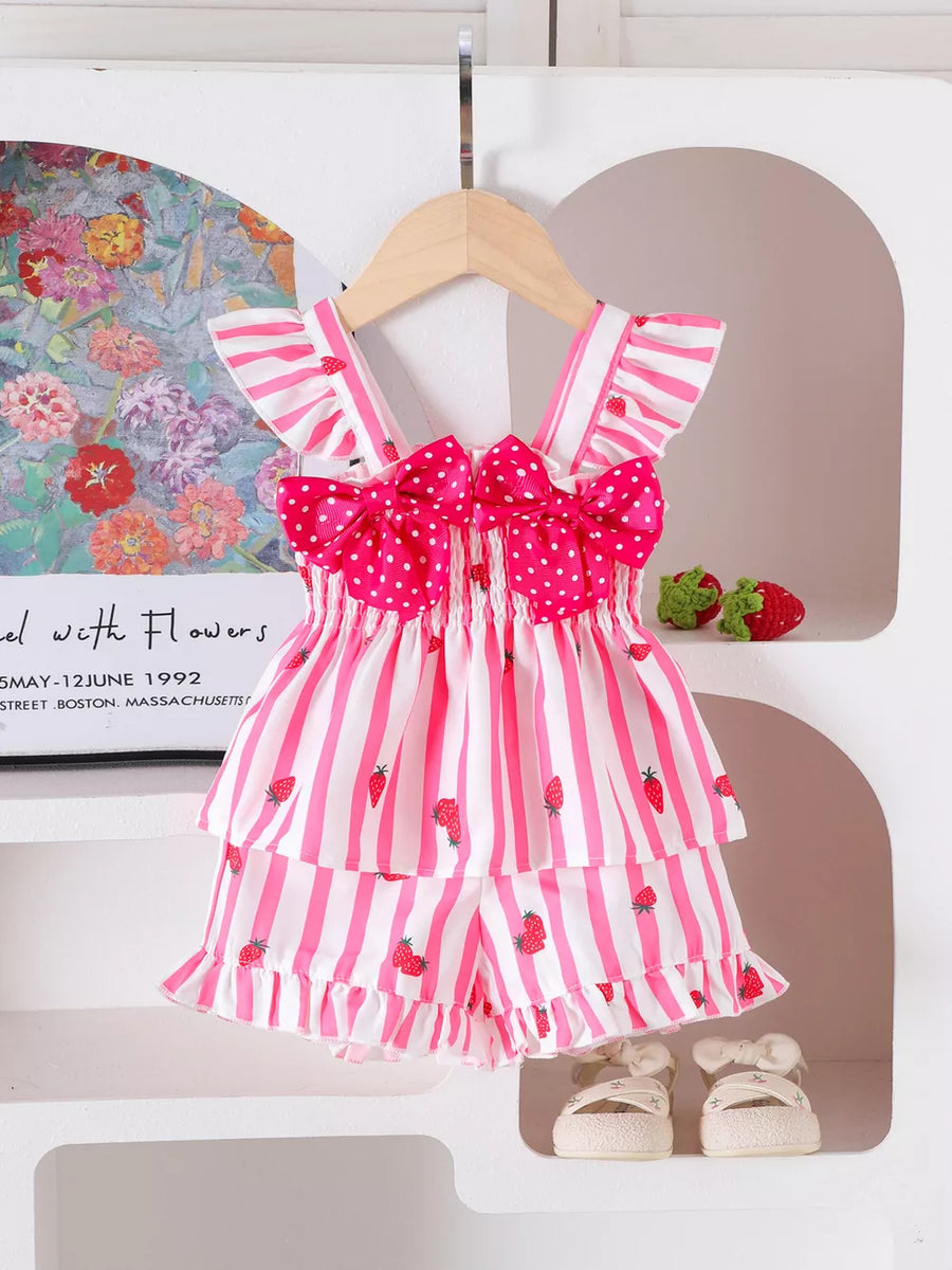 Pink with Children's Bow Ruffled Striped Top And Shorts Set