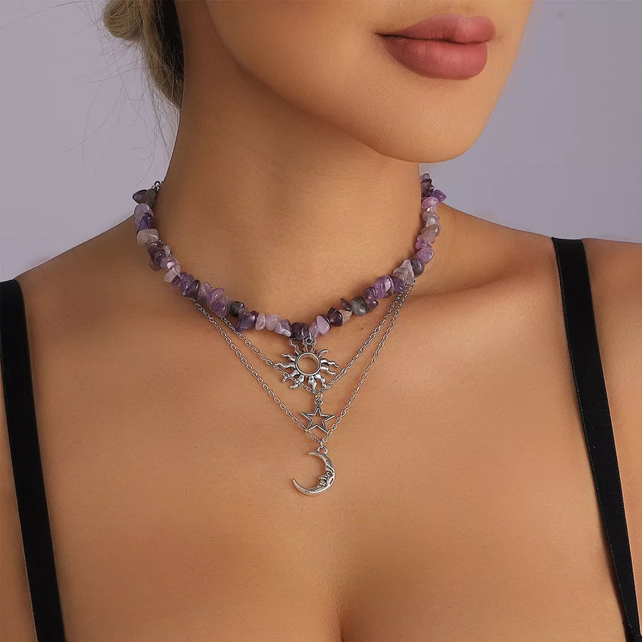 Lavender with 3 Piece Sun Moon Star Pendant Necklace Silver-plated