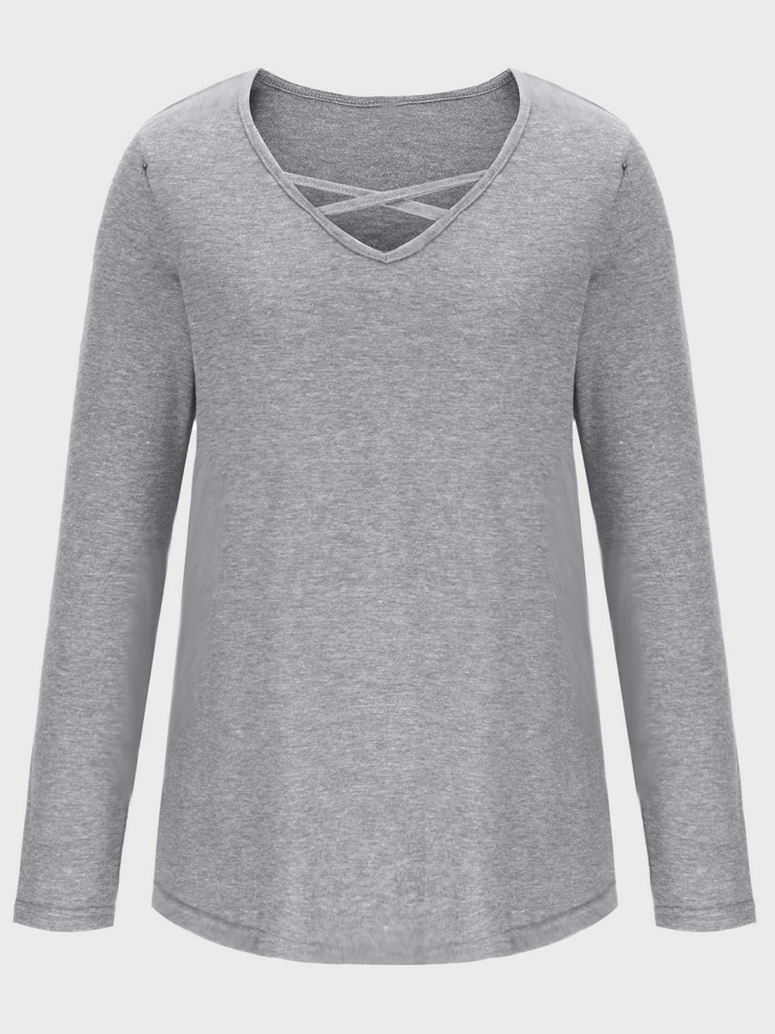 Light gray long sleeve t-shirt with crisscross lattice neckline detail