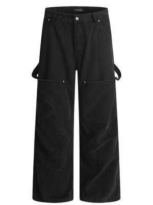 Black wide-leg cargo pants with large front pockets and adjustable straps.