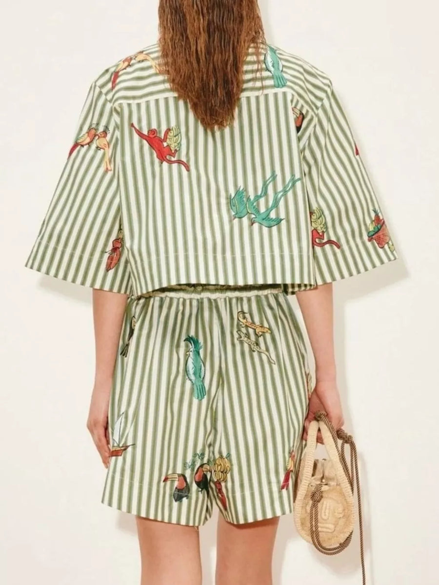sage green shirt and shorts set with cropped and half-button