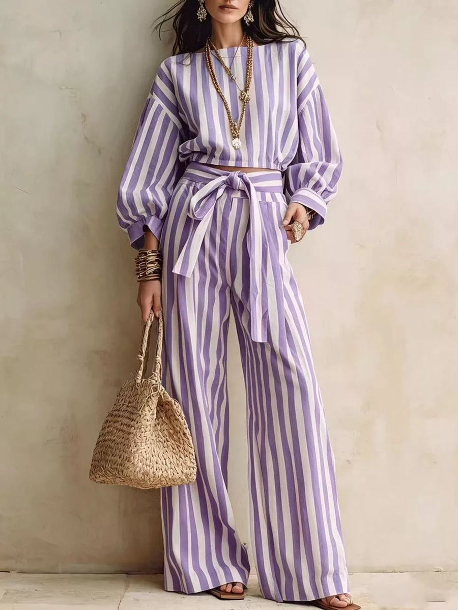 Striped Long Sleeve Cropped Top And Pants Set in Dark Blue with tied