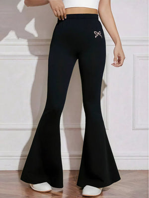 Black flared high-waist active pants with subtle bow emblem detail.