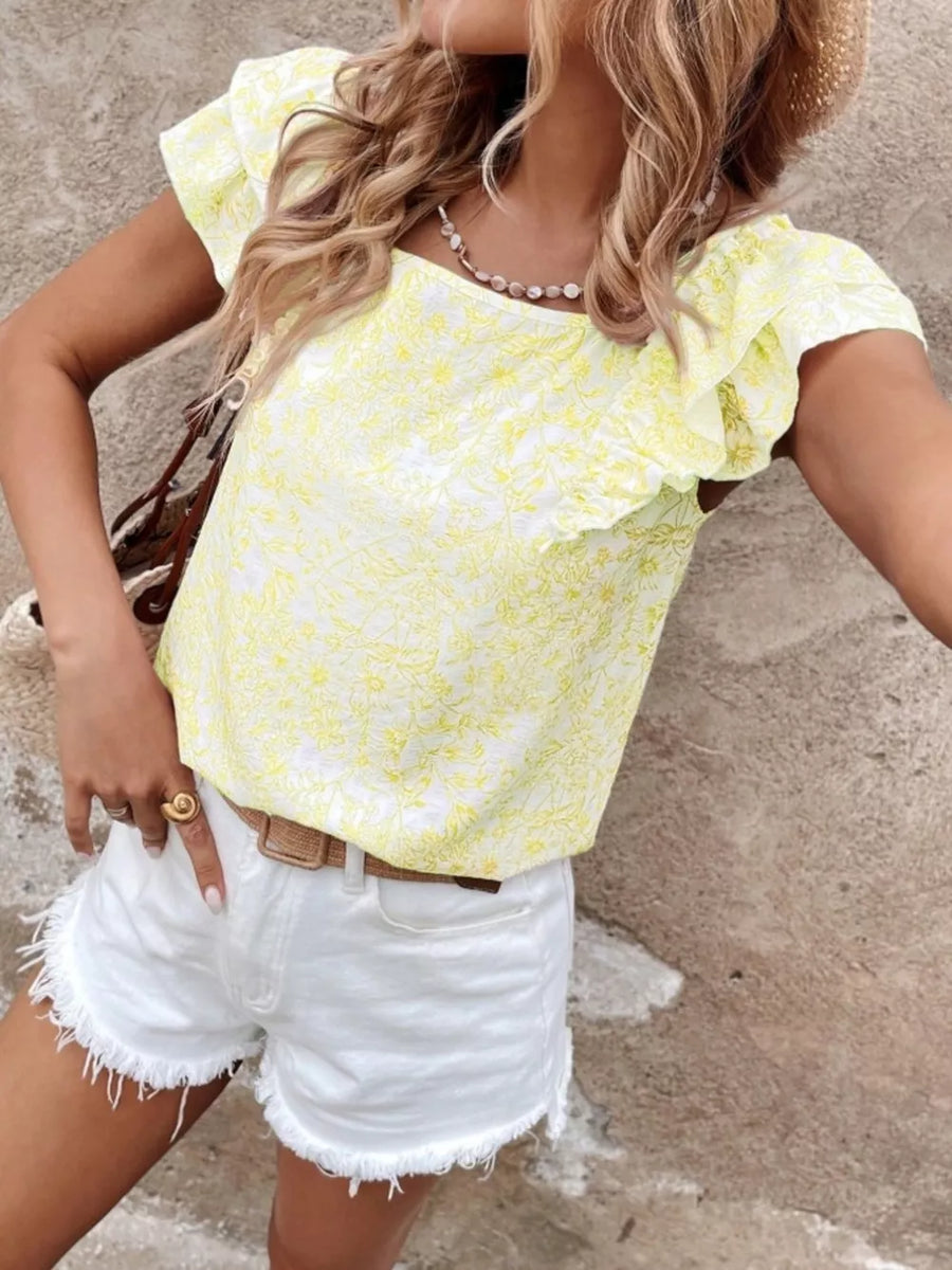 Yellow floral ruffle blouse with square neckline and short sleeves.