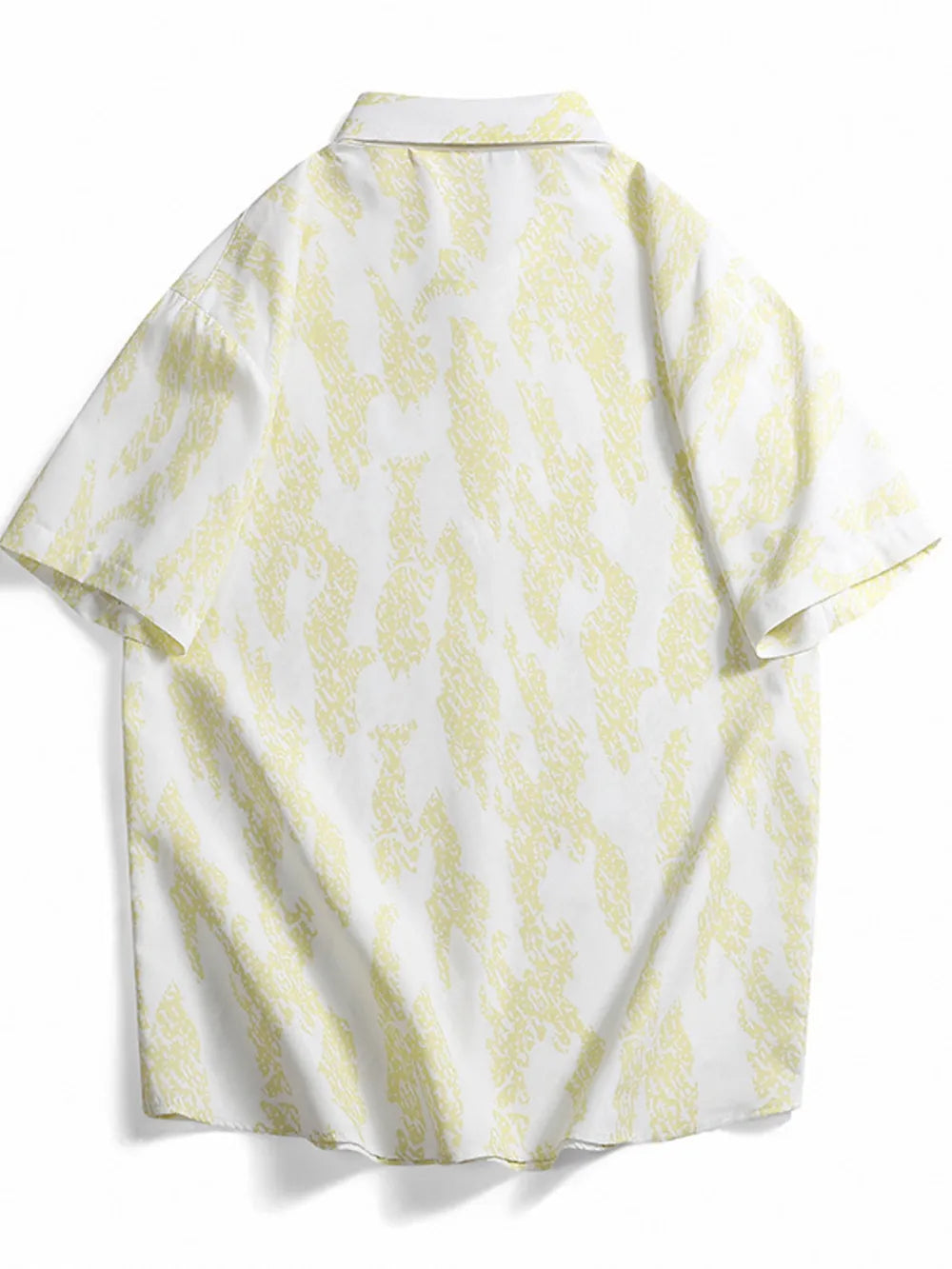 Cotton button-up shirt in white with abstract neon yellow pattern.