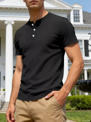 Black ribbed short sleeve henley t-shirt with button placket.