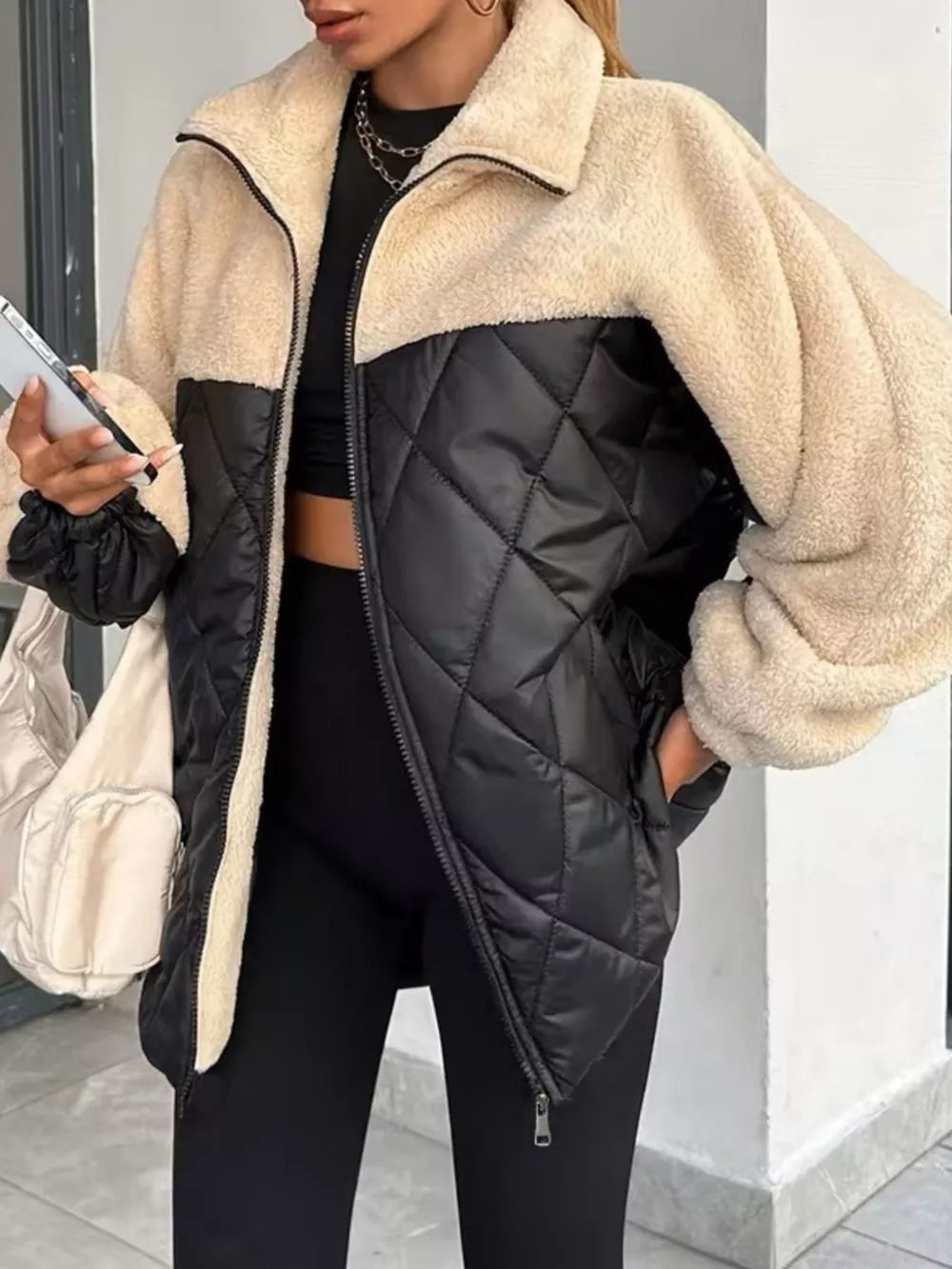 black puffer jacket with color-block and collared