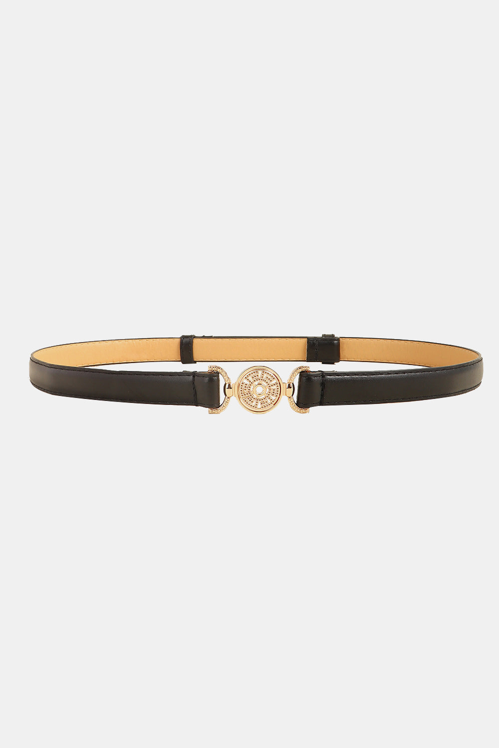 Black leather waist belt with crystal-embellished gold-tone buckle and adjustable strap.