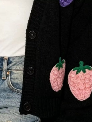 Cream Full Size Fruit Applique Knit Cardigan