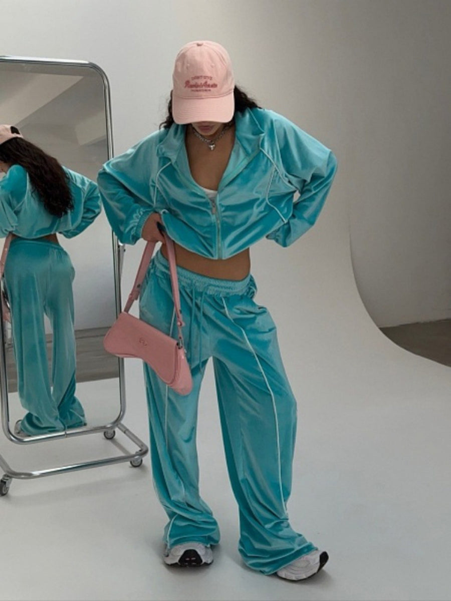 pajama set in teal featuring contrast stitching and relaxed fit
