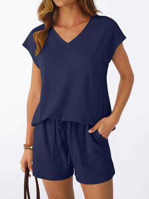 Navy V-neck top and drawstring shorts set with pockets