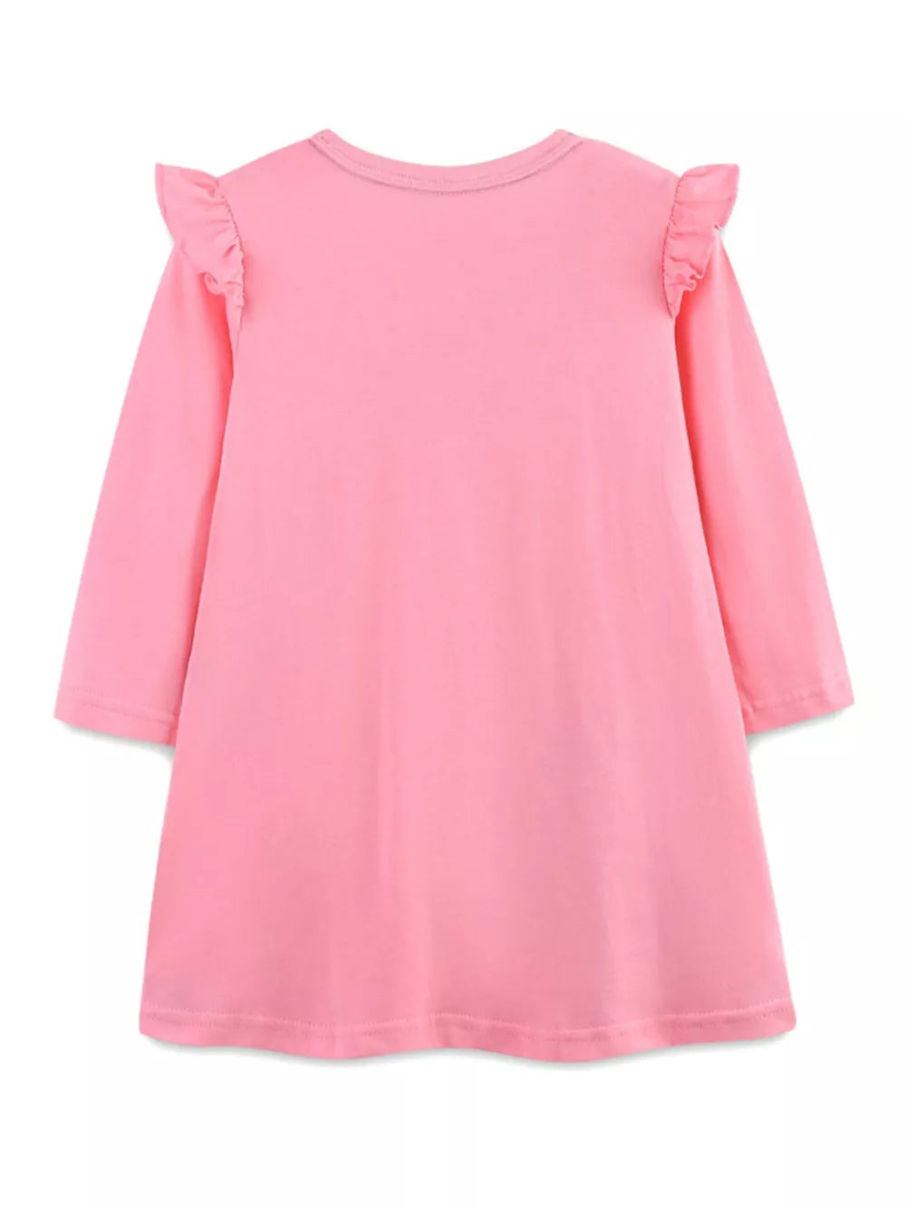 Toddler blush pink A-line dress with ruffled shoulders and long sleeves.