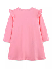 Toddler blush pink A-line dress with ruffled shoulders and long sleeves.