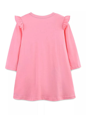 Toddler blush pink A-line dress with ruffled shoulders and long sleeves.