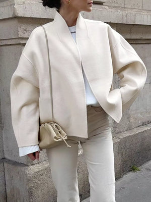 White with Elegant Stand Collar Open Front Outerwear