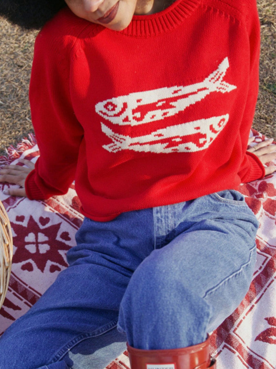 red crewneck sweater with cropped and pullover