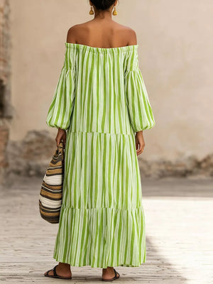 white maxi dress featuring off-shoulder and striped