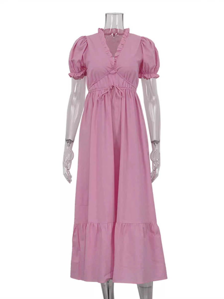 Pink midi dress with ruffled V-neck, puff sleeves, drawstring waist, and tiered hem