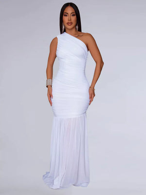 White ruched one-shoulder bodycon maxi dress with sheer flowing skirt.