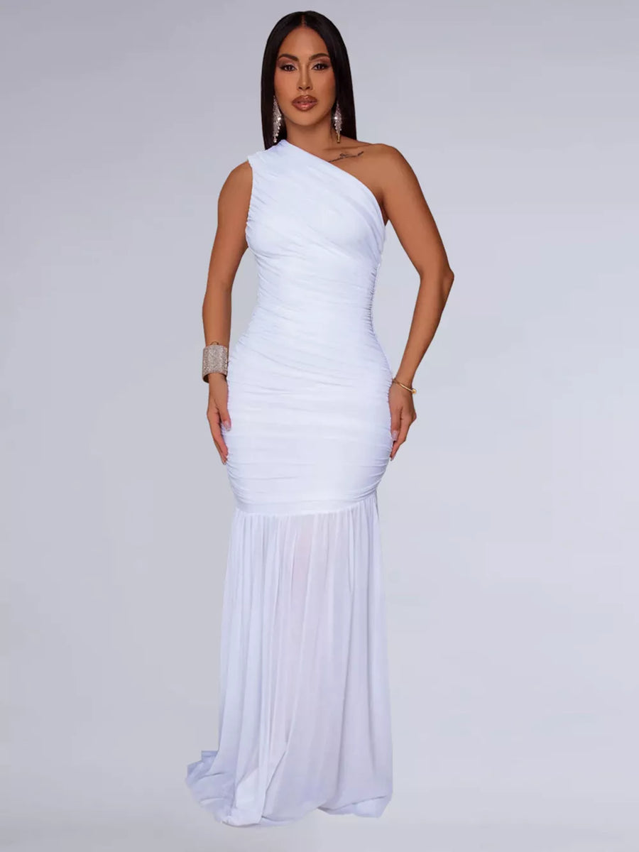 White ruched one-shoulder bodycon maxi dress with sheer flowing skirt.