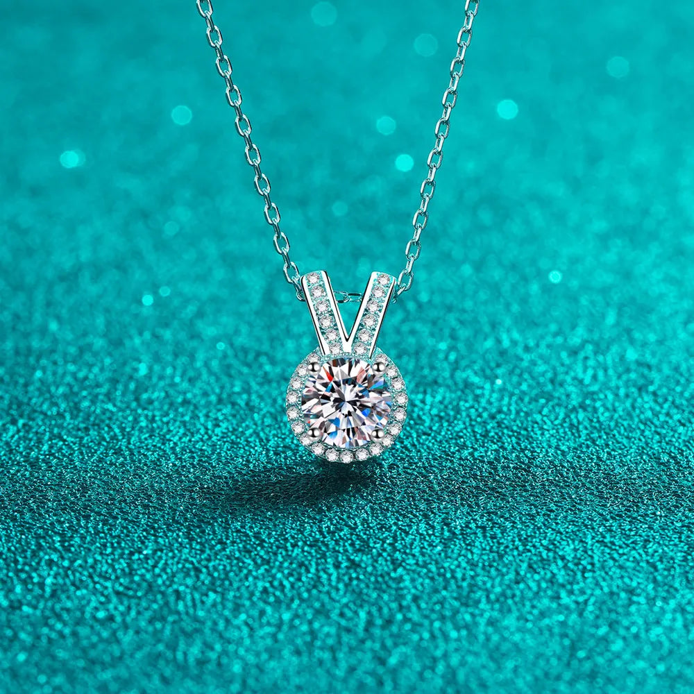 Silver halo diamond pendant necklace with rabbit ear detail on 925 sterling silver chain