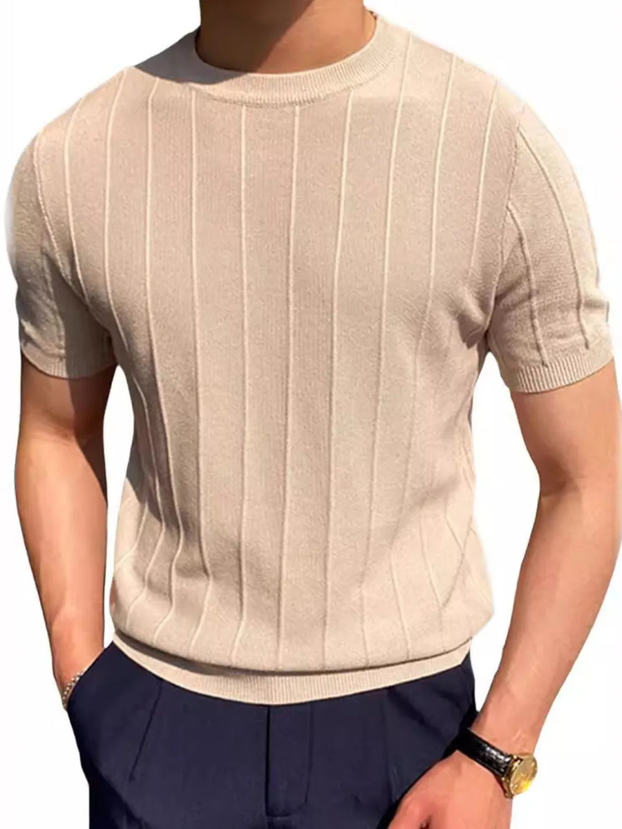 Tan ribbed knit crewneck tee with vertical stripes and short sleeves.